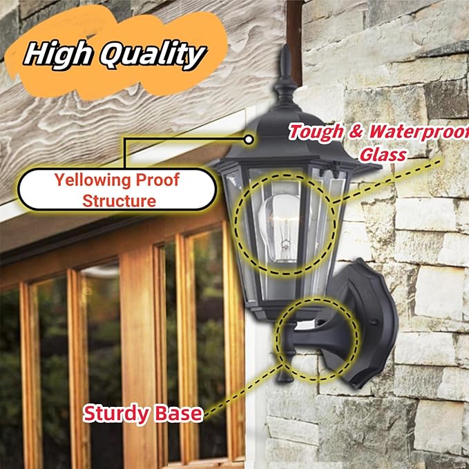 WISBEAM Outdoor Wall Lantern, Black Wall Sconce for House Porch Lighting Fixture, E26 Base 60W Max, Metal Housing Plus Glass, Wet Location Rated, ETL Qualified, Bulbs not Included
