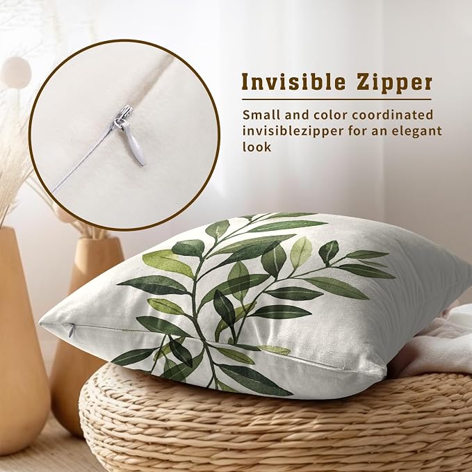 Sage Green Leaf Pillow Covers 18x18 Inch – Pack of 2 Rustic Spring Summer Plants Leaves Cotton Hidden Zipper Pillowcases for Couch Sofa Chair Bed Porch Farmhouse Home Decor