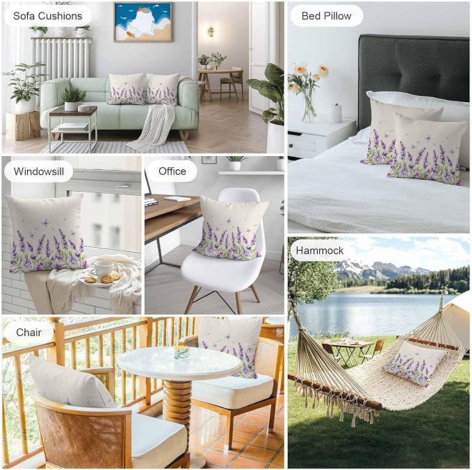 Vandarllin Outdoor Throw Pillows Covers 26x26 inch Set of 2 Waterproof Purple Lavender Flower Decorative Zippered Cushion Covers for Patio Furniture, Butterfly Floral Linen Lumbar Pillowcases