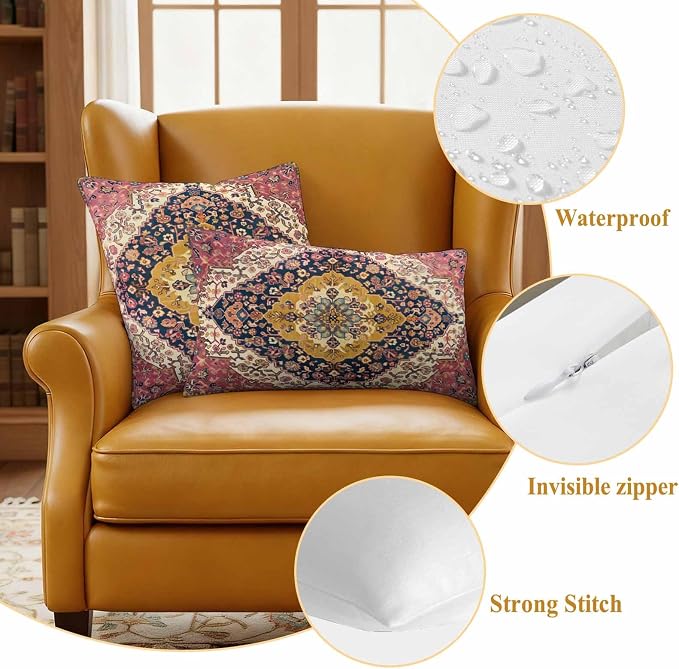 Southwest Aztec Waterproof Outdoor Pillow Covers Set of 2 Home Decor, Boho Tribe Traditional Floral Patterned Pillowcase Patio Pillow Covers for Couch Bench Furniture Garden 24x24in