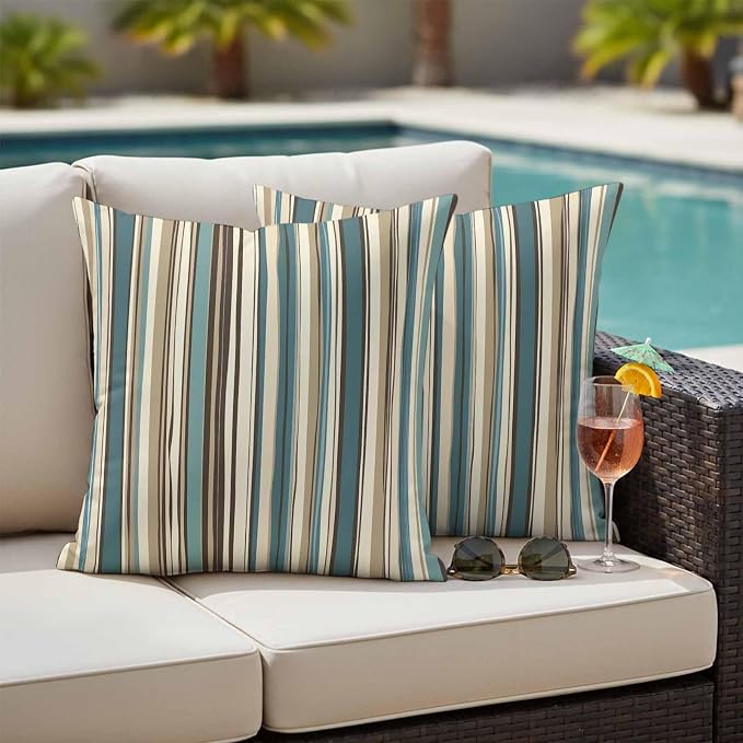 Boho Vertical Stripes Outdoor Waterproof Throw Pillow Covers Set of 2, 16"x16", Green Beige Simple Lines Decorative Pillow Covers Outside Cushion Case for Patio Porch Garden