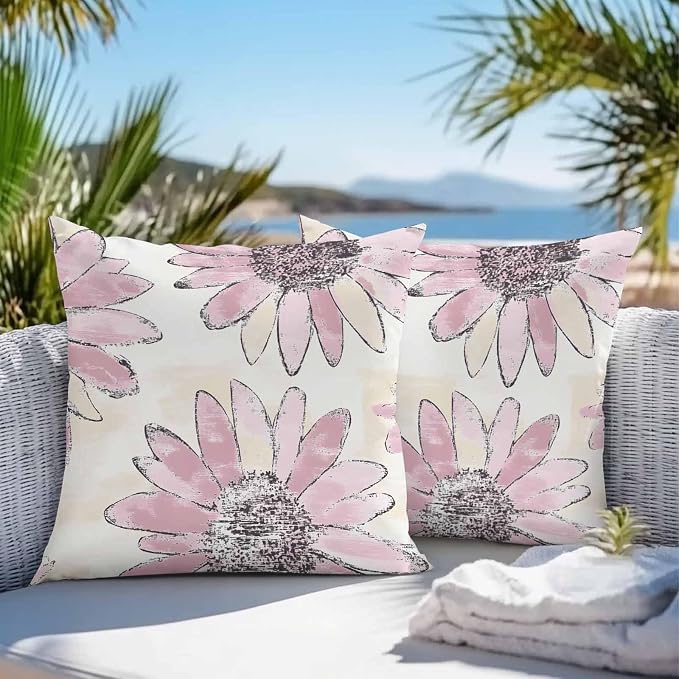 Vandarllin Outdoor Throw Pillows Covers 18x18 inch Set of 2 Waterproof Pink Sunflower Decorative Zippered Cushion Covers for Patio Furniture, Flower Field Lumbar Pillowcases