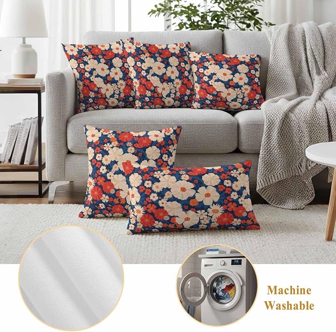 Independence Day Outdoor Waterproof Throw Pillow Covers Set of 2, 24"x24", Red White Daisy Retro 4th of July Decorative Pillow Covers Outside Cushion Case for Patio Porch Garden