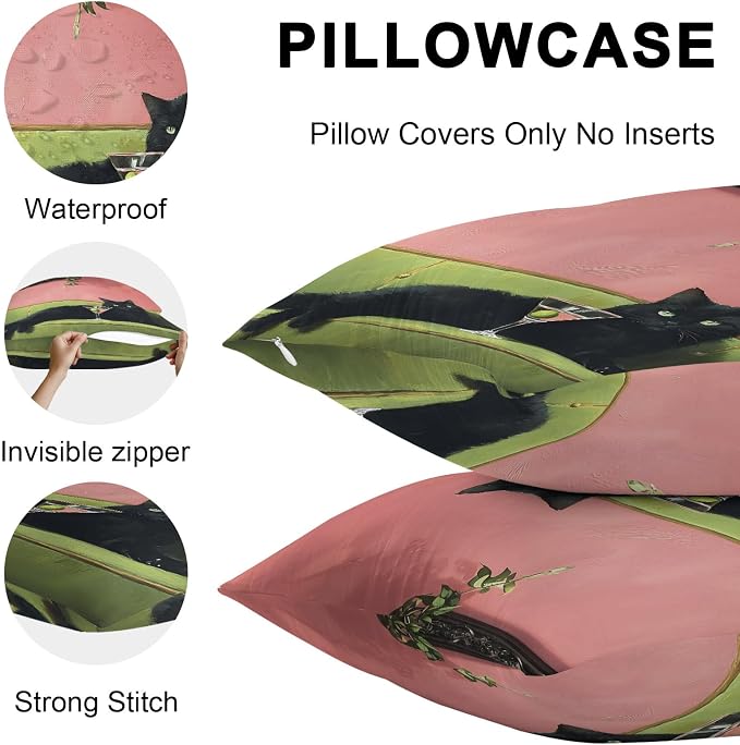Funny Cat Outdoor Pillow Covers 18x18 Inch Throw Pillow Covers Set of 2 Waterproof Decorative Pillow Cases Vintage Wine Animals Green Sofa Pink Cushion Covers for Patio Furniture Garden Couch Sofa