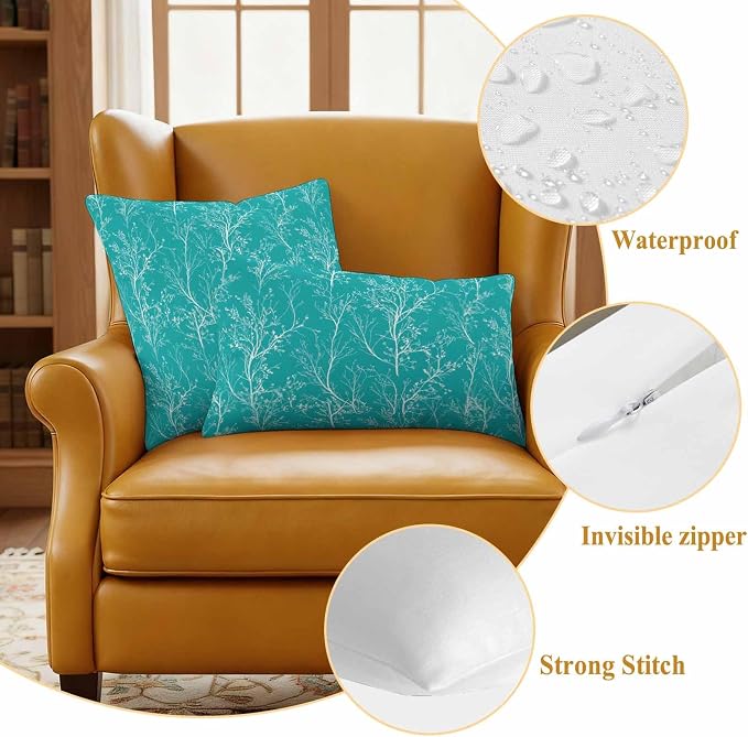 Turquoise Branches Waterproof Outdoor Pillow Covers Set of 2 Home Decor, Abstract Art Leaves Plant Lumbar Pillowcase Patio Pillow Covers for Couch Bench Patio Furniture Garden 20x20in