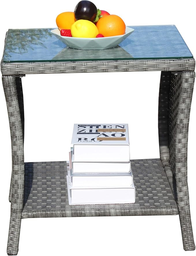 IRONORA Outdoor Wicker Side Table Patio Side Tables for Outside, Tempered Glass Top Wicker Table with Storage End Table for Balcony Porch Deck