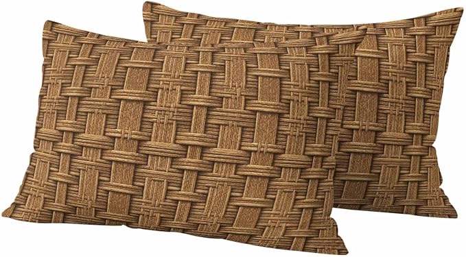 Vintage Rattan Waterproof Outdoor Pillow Covers 20''x12'' Set of 2, Minimalist Abstract Wicker Texture Brown Patio Furniture Cushion Covers for Chairs, Decorative Pillow Cases for Garden/Pool/Beach
