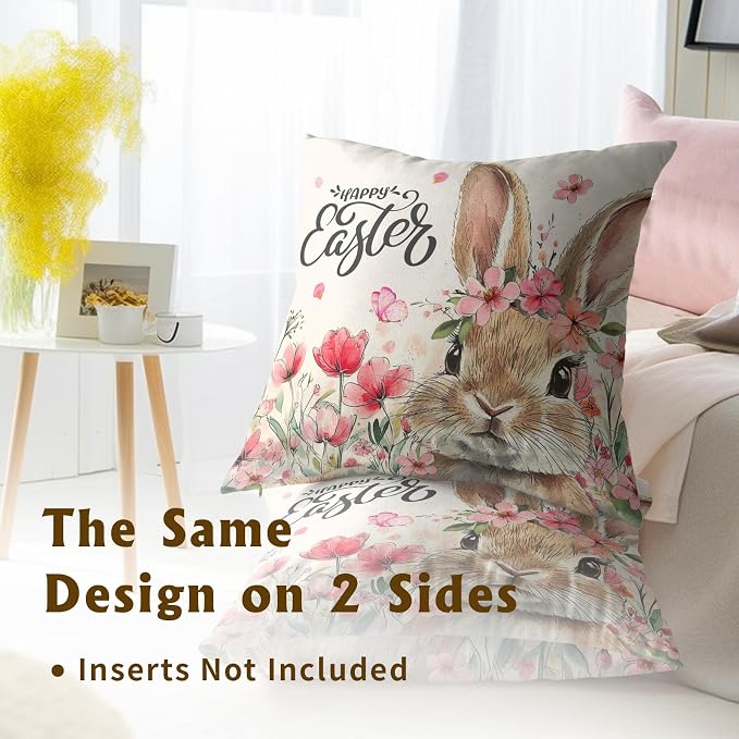 Easter Bunny Throw Pillow Covers 20x20 Inch, Pack of 2 Tulip Floral Cute Rabbit Pillowcases Square Soft Cotton Cushion Cover for Couch Sofa Bed Outdoor Indoor Holiday Home Decor