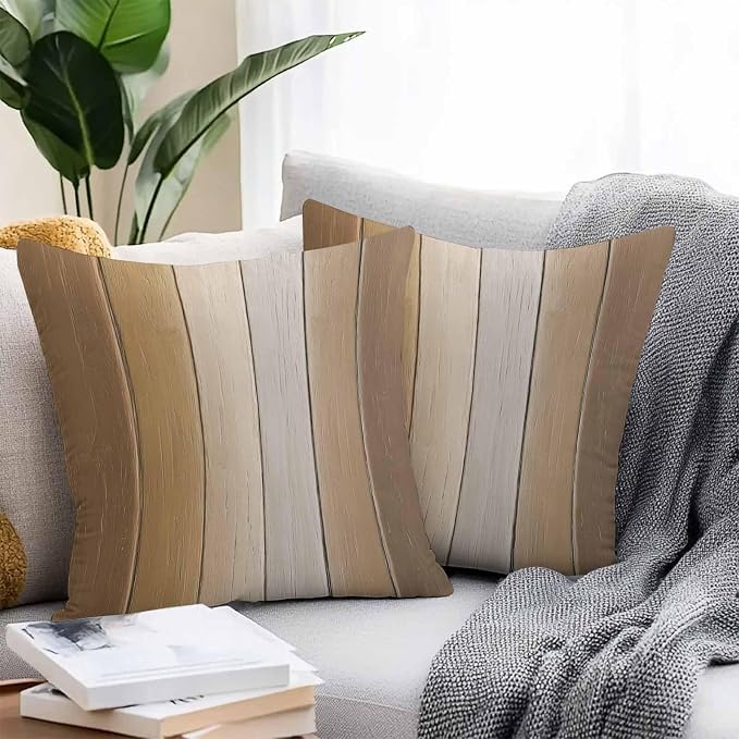 Throw Pillow Covers 16x16 Inch Set of 2, Brown Ombre Waterproof Outdoor Cushion Covers, Vintage Country Wooden Decorative Pillowcases for Couch, Sofa, Bed, Garden, Patio