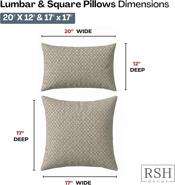 RSH DECOR: Sunbrella Lumbar & Square Pillows Set of 4 | 20" x 12" & 17" x 17" | Water and Fade-Resistant Performance Fabric | Outdoor Throw Pillows for Patio Furniture | Made in USA (Molina Mushroom)