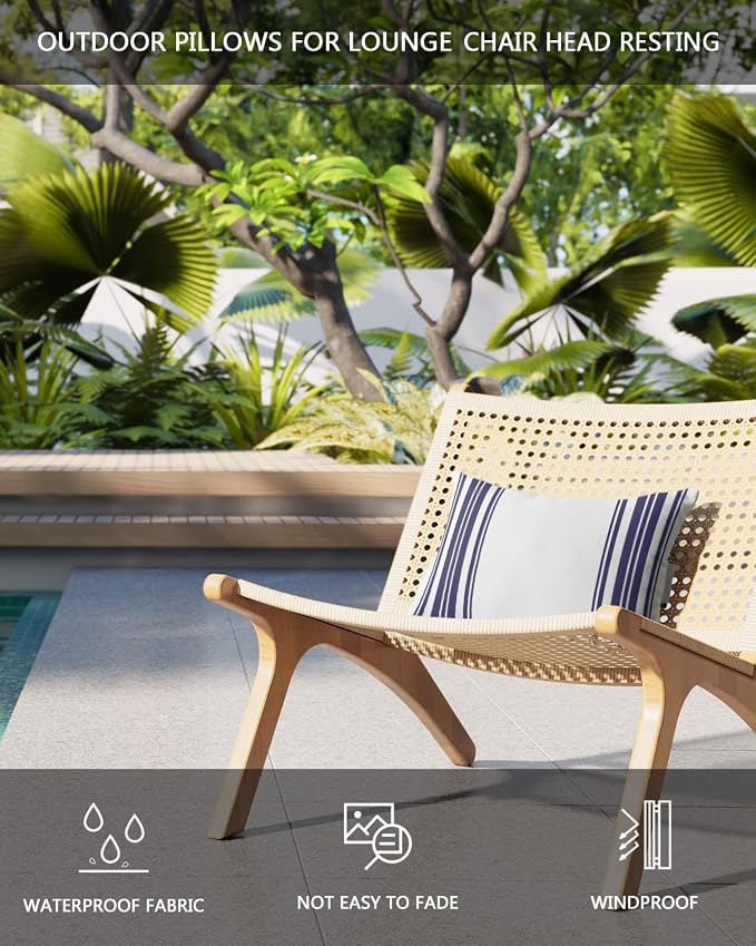 Outdoor Pillows Covers with Inserts Colorful Stripes Navy Blue Wood Texture White Waterproof Recliner Pillow with Adjustable Strap Throw Pillows for Patio Furniture Pool Lounge Chair, 11x16 inch, 2PCS
