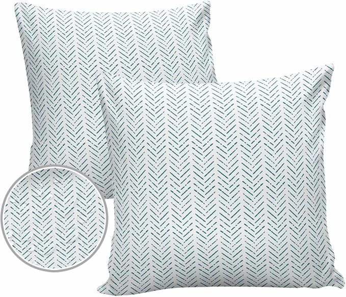 Turquoise Striped Outdoor Pillow Covers Waterproof,All Weather Cushion Case Set of 2 Decorative Pillowcases for Sofa Couch Bed Decor Patio Furniture 16"x16" White Geometric Minimalist Boho Striped