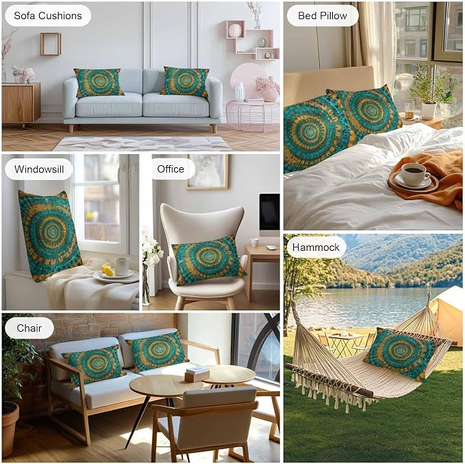 Vandarllin Outdoor Throw Pillows Covers 20x12 inch Set of 2 Waterproof Turquoise Yellow Tie-Dye Art Decorative Zippered Cushion Covers for Patio Furniture, Abstract Boho Tribe Lumbar Pillowcases