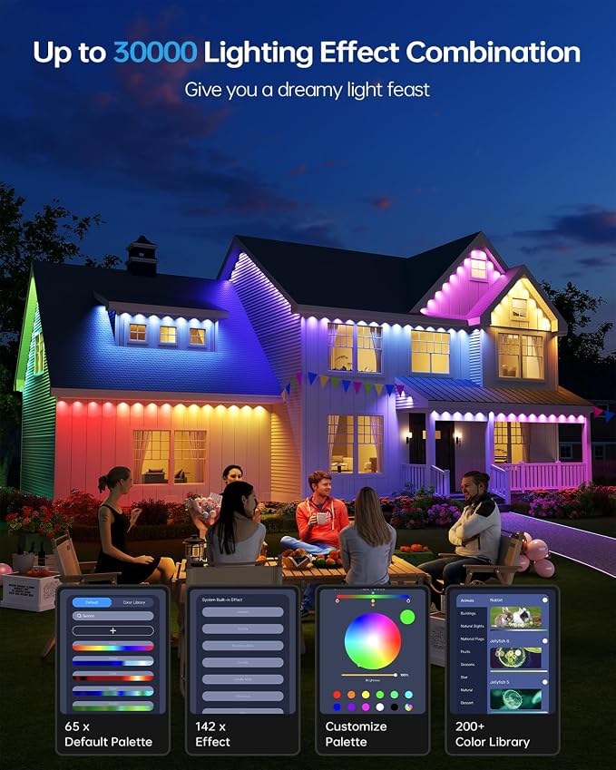 ASAHOM Permanent Outdoor Lights, 108 RGBCW LEDs, AI Lighting, 30,000 Effect | Dual Output, Extend to 800FT, IP67 Waterproof, Voice Control, for Halloween Christmas and Daily Lighting, 150FT, White, S107C