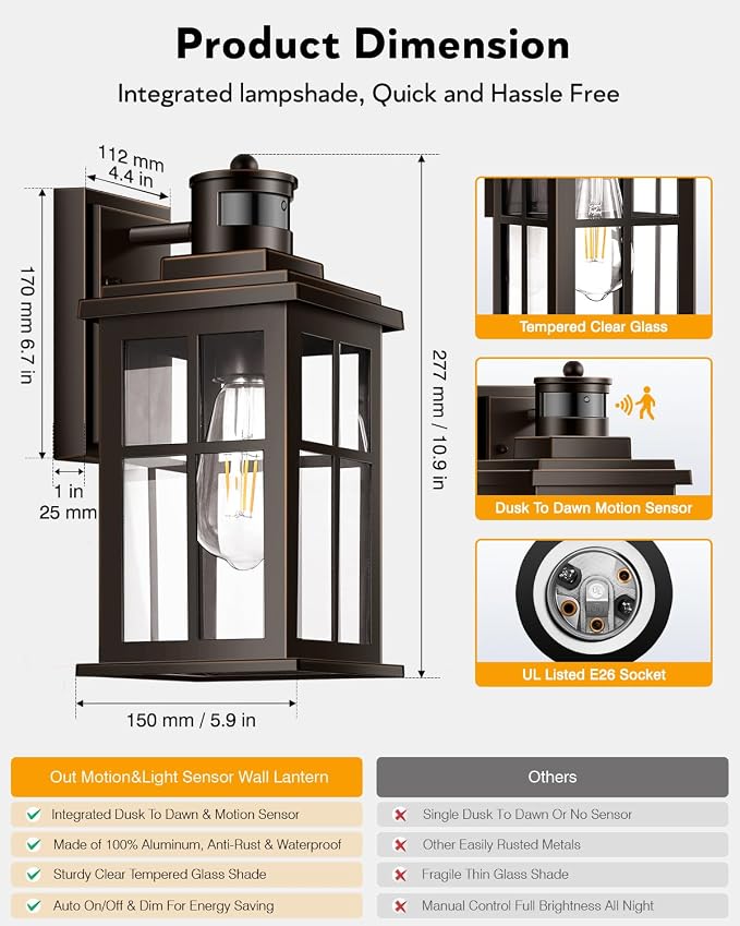 Distance-Adjustable Outside Lights for House, 2-Pack Oil Rubbed Bronze Porch Light, Waterproof Dusk to Dawn Exterior Lighting Fixtures Sconce, Anti-Rust Outdoor Lanterns for Porch, Garage