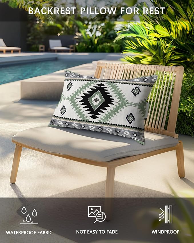 Outdoor Pillows Waterproof Covers Set of 2, Sage Green Bohemian Adjustable Elastic Chaise Lounge Headrest Pillow Covers, Aztec Boho Tribal Decorative Lumbar Pillow for Pool Patio Furniture 11x16 Inch