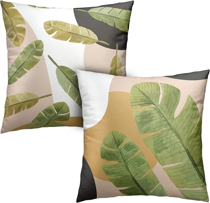 2 Pack Summer Tropical Plant Green Leaves Throw Pillow Covers Jungle Palm Tree Cushion Case Soft Decorative Pillow Covers Rustic Home Decor for Sofa Chair Bed 16x16 Inch
