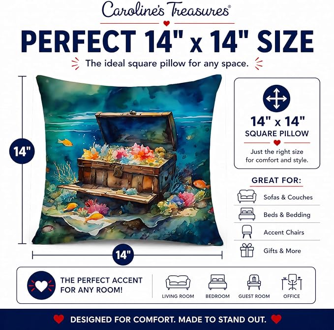 Caroline's Treasures Treasure Chest Throw Pillow Machine Washable, Indoor Outdoor Decorative Pillow for Couch, Bed or Patio, 14Hx14W