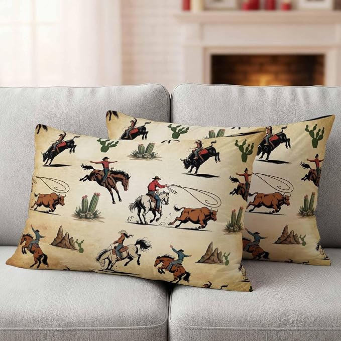 Western Cowboys Outdoor Pillow Covers Waterproof, All Weather Cushion Case Set of 2, Brown Vintage Country Cactus Lumbar Pillowcase for Sofa Couch Bed Decor Patio Furniture 20"x12"