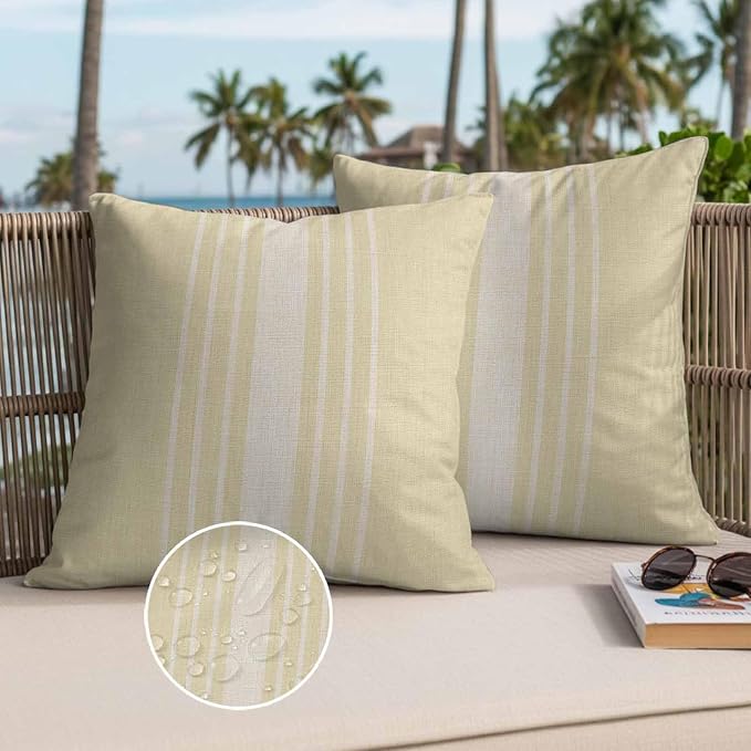 Throw Pillow Covers 18x18 Inch Set of 2, Cream Beige Striped Waterproof Outdoor Cushion Covers, Modern Farmhouse Retro Lines Decorative Pillowcases for Couch, Sofa, Bed, Garden, Patio