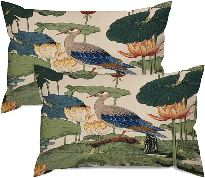 Zipped Pillow Cases for Home Decor Chinese Pond Bird Throw Pillow Cover Set of 2 Farmhouse Cushion Cover Cases for Living Room Club Home Decor 12x18in