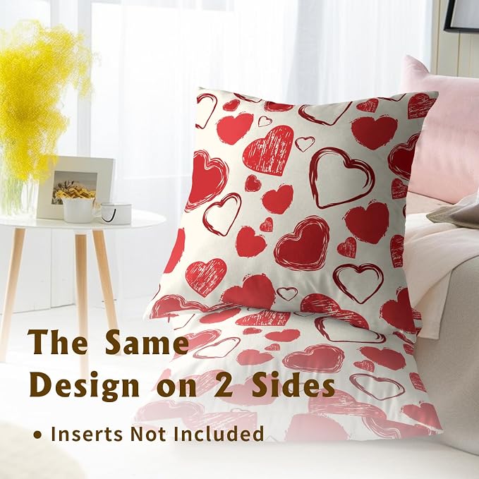 Valentine's Day Throw Pillow Covers 22x22 Inch Set of 2, Doodle Red Love Hearts Decorative Pillowcases Square Cushion Cover for Couch Wedding Anniversary Engagement Home Decor
