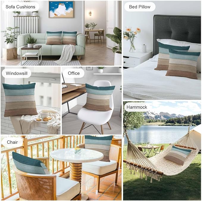 Vandarllin Outdoor Throw Pillow Covers 20X20 Set of 2 Waterproof Teal Blue Brown Decorative Zippered Cushion Covers for Patio Furniture, Farmhouse Retro Rustic Barn Wood Texture Lumbar Pillowcases