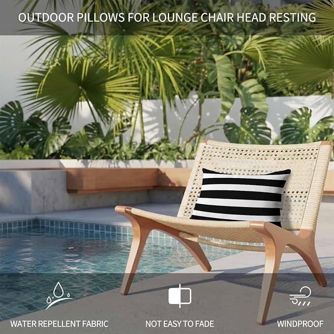 Black Striped Outdoor Pillows for Chaise Lounge Chair Beach Headrest Pillow Set of 2 Waterproof Lumbar Pillows with InsertModern Simple Monochrome Geometric White Pillow for Patio Pool 12"x20"