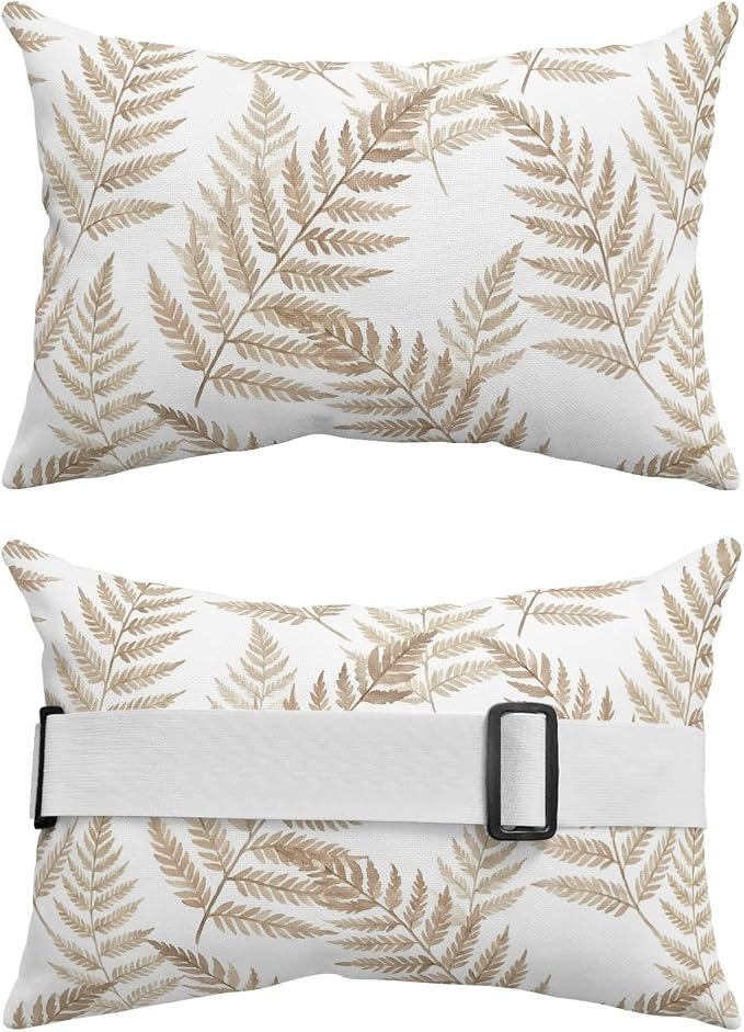 Lumbar Pillow Covers Set of 4, Brown Ferns Waterproof Outdoor Chaise Lounge Pillow Covers with Elastic Strap, Spring Summer Botanical Leaves Headrest Pillowcase for Patio, 12 x 20