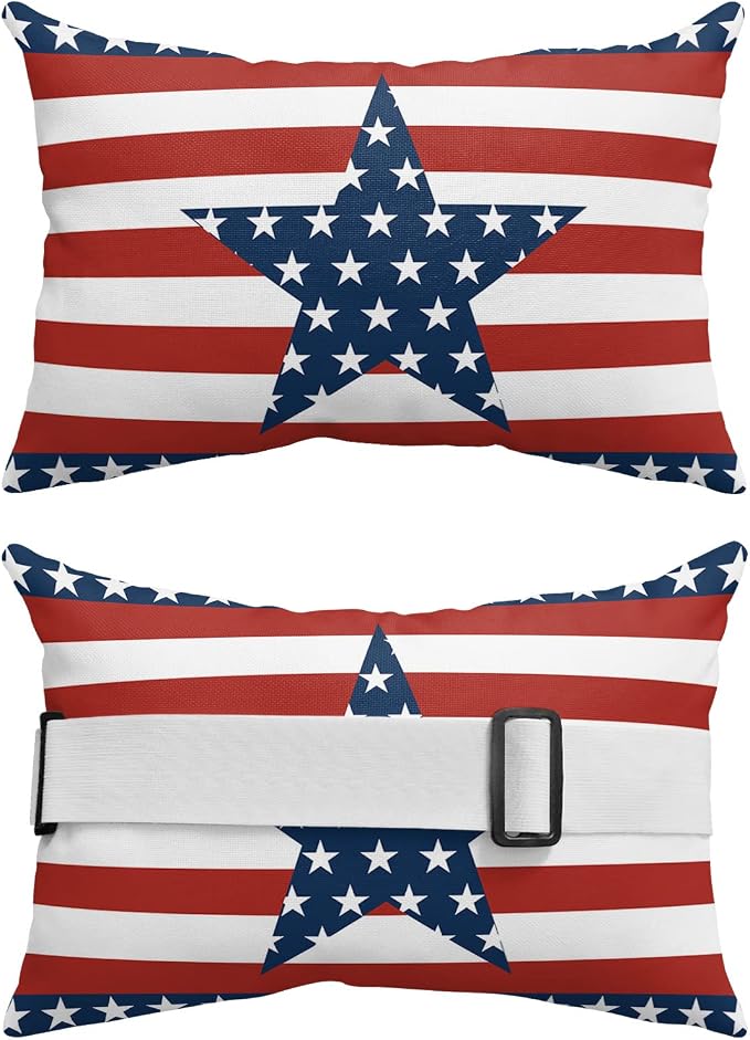 Outdoor Lumbar Pillows with Adjustable Band,Independence Day Chic White Star on Blue Waterproof Recliner Throw Pillow Chaise Lounge Cushion with Insert for Beach,Graden Red White Stripes 1 Pack
