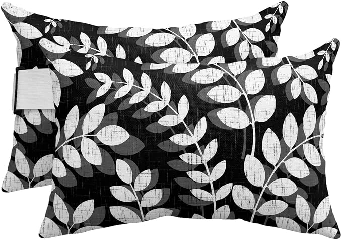 Chaise Lounge Headrest Pillow 2 Pack, Black Leaves Waterproof Chair Pillows with Insert & Adjustable Elastic Strap for Beach Recliner, Farmhouse Botanical Leaf Branch Vintage Modern Outdoor Pillow