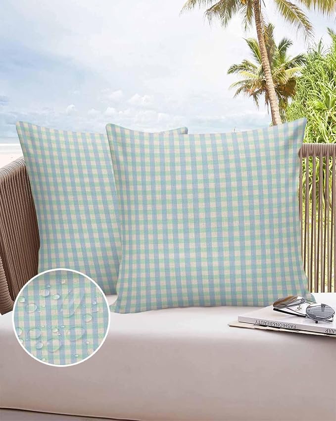 Outdoor Waterproof Throw Pillow Covers Set of 2 Buffalo Plaid Pillowcases 26x26 Inches Blue Linen Classic Checked Patio Decorative Pillows Cushion Case Patio Pillows for Couch Bed Chair Garden