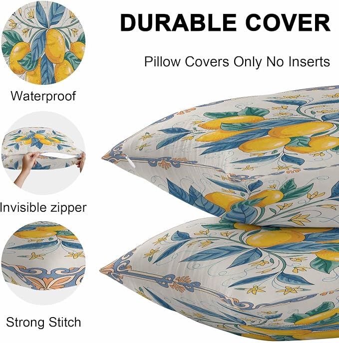 Throw Pillow Covers 16x16 Inch Set of 2, Yellow Blue Lemon Waterproof Outdoor Cushion Covers, Summer Botanical Farmhouse Decorative Pillowcases for Couch, Sofa, Bed, Garden, Patio