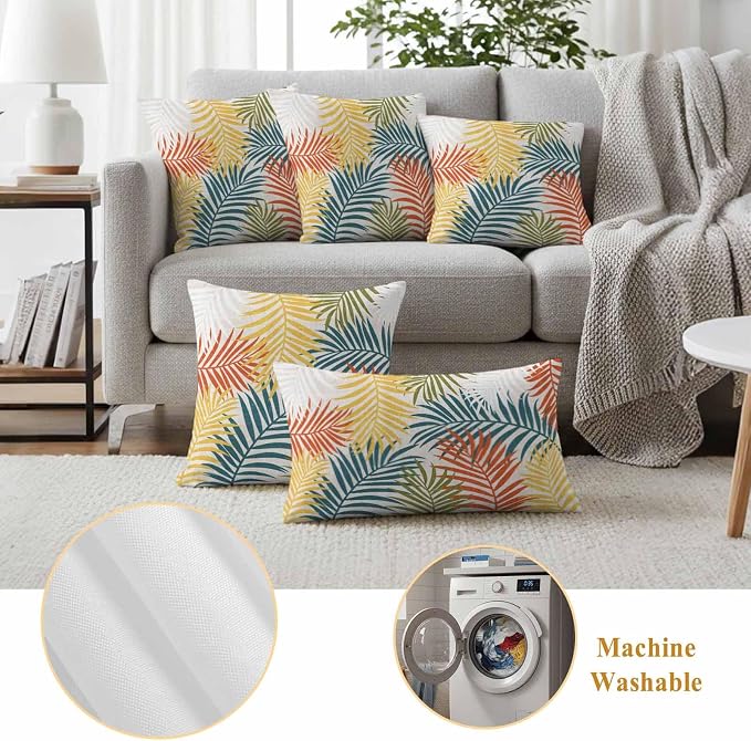 Outdoor Waterproof Throw Pillow Covers, Orange Green Yellow Palm Leaves Decorative Pillow Cases, Summer Botanical Tropical Leaf Couch Pillow Protector Patio Sofa Cushion Covers 20"x12" 2 Pack
