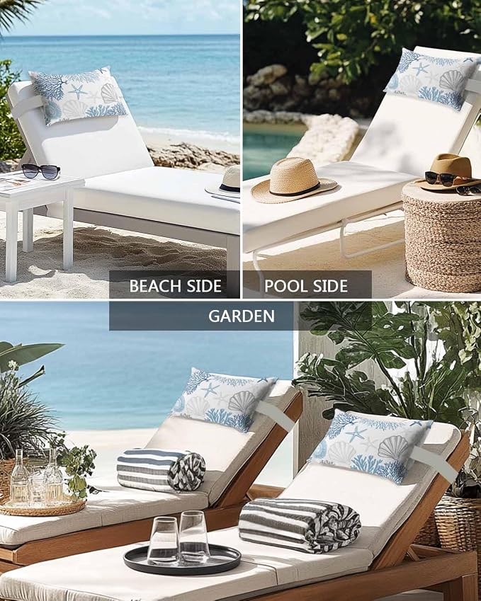 Chaise Lounge Head Pillows,Ocean Shell Starfish Coral Outdoor Waterproof Patio Throw Pillows Watercolor Marine Life Theme Lumbar Pillow for Patio Beach Pool