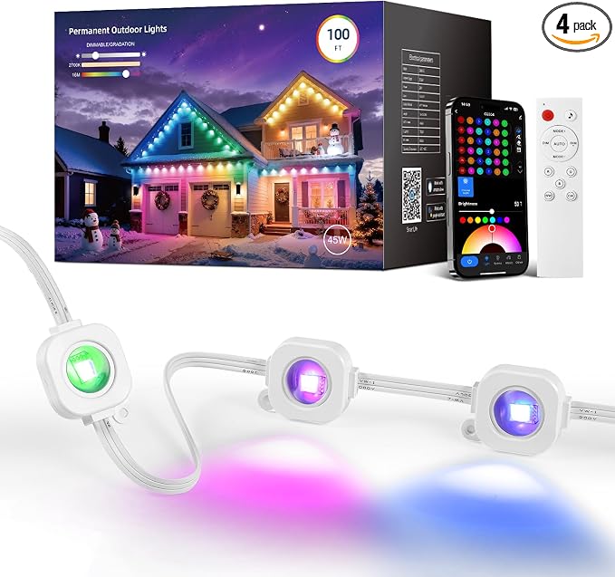 CDN House's Permanent Outdoor Lights, 100FT RGB+IC Outdoor Decor, 111 Scene Modes, 60 LED Lights with Smart APP & Remote Control, IP65 Waterproof, String Lights for Daily Holiday Decorations