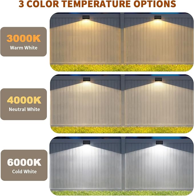 Solar Fence Lights 12 Pack, Outdoor Solar Lights with 3 Color Temperatures, IP65 Waterproof Wide-Angle LED Lighting for Fence, Patio, Yard, Deck, Wall, Garden (Black)
