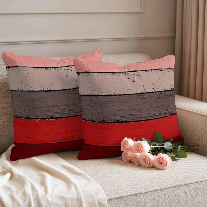 Outdoor Throw Pillow Covers 16X16 Set of 2 Waterproof Ombre Christmas Red Brown Decorative Zippered Cushion Covers for Patio Furniture, Farmhouse Retro Rustic Barn Wood Texture Lumbar Pillowcases
