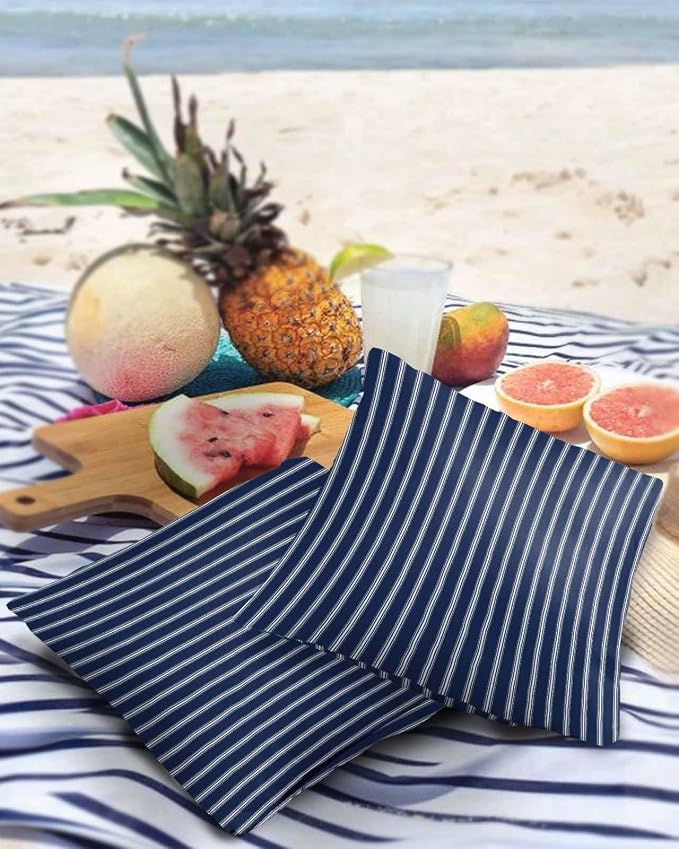 Outdoor Waterproof Throw Pillow Covers Set of 2 Navy Blue Stripe Pillowcases 18x18 Inches Vertical Striped Patio Decorative Pillows Cushion Case Patio Pillows for Couch Bed Chair Garden