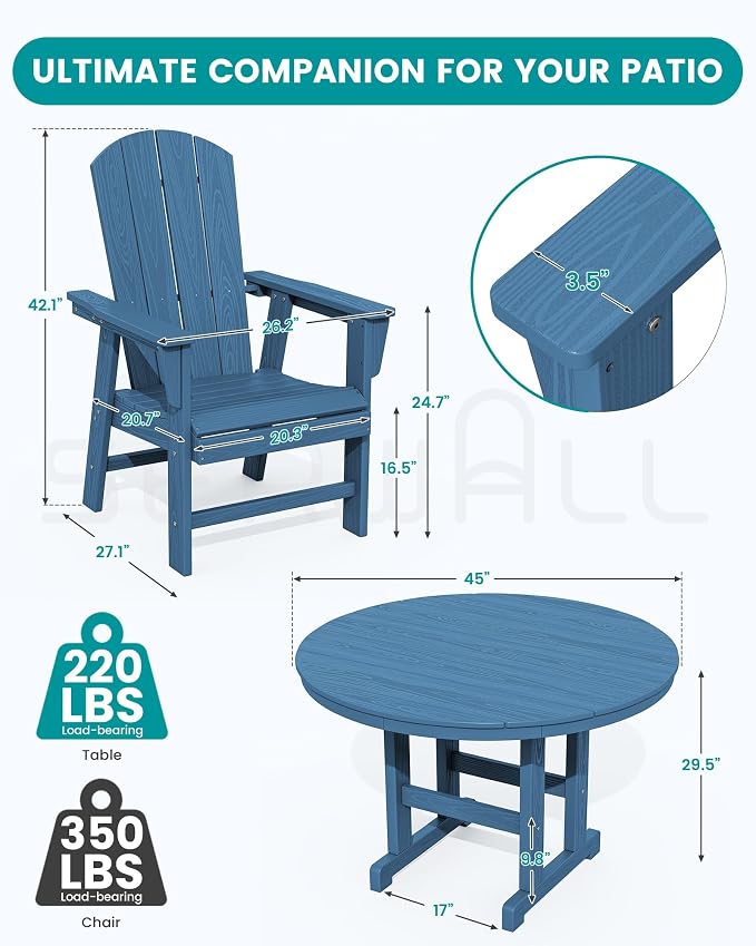 SERWALL 6-Piece Patio Dining Sets with Umbrella, HDPE Outdoor Table and Chairs Furniture Set, 45" Round Dining Table & 4 Adirondack Dining Chairs & 1 9FT Umbrella, Navy(Not Include Umbrella Base)