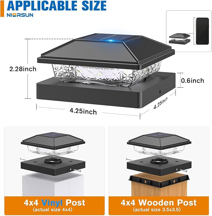 Solar Post Cap Lights,4x4 Post Solar Lights,Warm White,6 Pack Black | Fence Post Solar Lights for 4x4 Post Caps Wood Vinyl, IP64 Waterproof Solar Post Lights Outdoor, Solar Deck Post Lights
