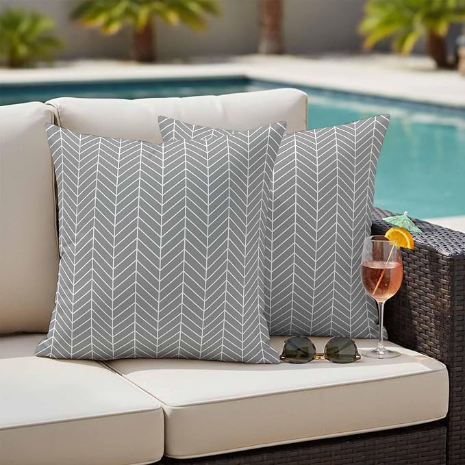 Outdoor Waterproof Throw Pillow Covers Set of 2 Grey Chevron Stripes Pillowcases 18x18 Inches Modern Geometric Texture Decorative Pillows Cushion Case Patio Pillows for Couch Bed Chair Garden