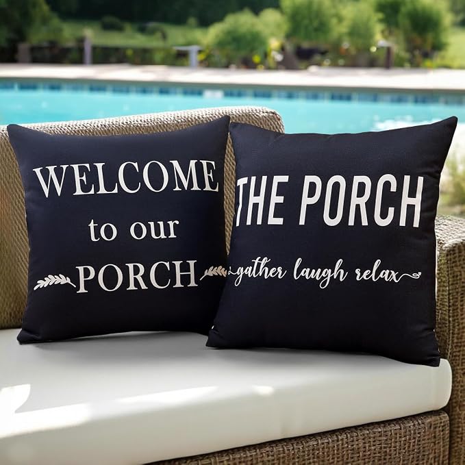 Porch Patio Decor Black Outdoor Throw Pillow Covers Waterproof 18x18 | Set of 2, Black and White Outdoor Pillows, Porch Decorations Outdoor, Porch Pillows, Outdoor Pillows for Patio Furniture