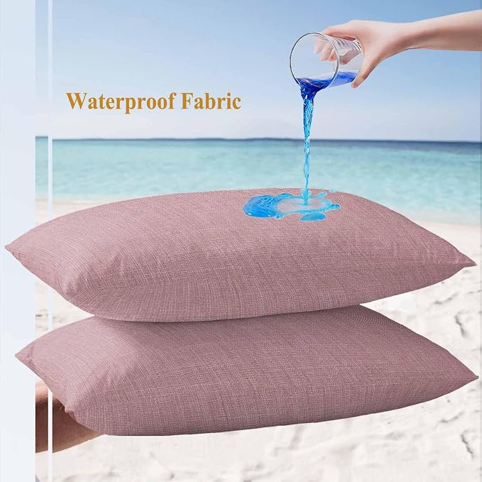 Outdoor Waterproof Throw Pillow Covers Set of 2 Pink Linen Lumbar Pillowcases 20x12 Inches Farmhouse Pure Color Decorative Pillows Cushion Case Patio Pillows for Couch Bed Chair Garden