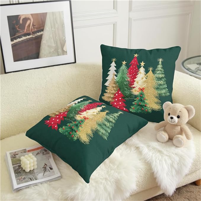 Christmas Pillow Covers 18x18 Set of 2 Colorful Xmas Tree Throw Pillow Covers Green Winter Holiday Decorative Pillowcase Double Sided Printing Cushion Case for Home Decor Sofa Couch