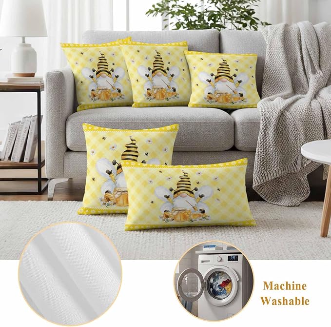 Yukro Honey Gnome Outdoor Waterproof Pillow Covers Pack of 2, Watercolor Honey Bees Floral Yellow Plaid Decorative Throw Pillowcases Cushion Covers for Garden Patio Tent Sofa Couch, 26x26 inch