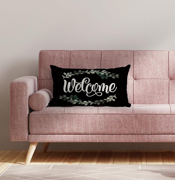 welcome 12x20 pillow Cover,porch decor,outdoor pillows,outdoor pillow covers,outdoor throw pillows, Farmhouse Porch Deco,patio pillows,outdoor pillows for patio furniture(Black)