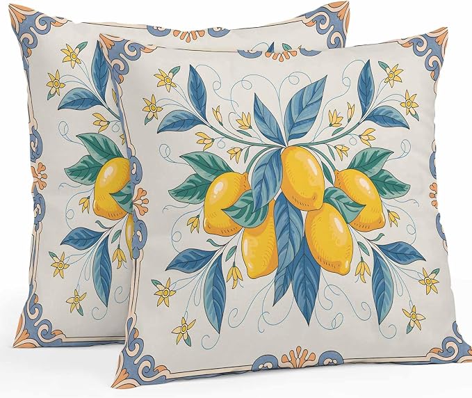 Throw Pillow Covers 24x24 Inch Set of 2, Yellow Blue Lemon Waterproof Outdoor Cushion Covers, Summer Botanical Farmhouse Decorative Pillowcases for Couch, Sofa, Bed, Garden, Patio