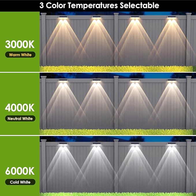 Solar Fence Lights Outdoor - 2700/4000/6000K 3 Modes, IP65 Waterproof Fence Solar Lights Outdoor, Fence Light Solar Powered for patio decor/Railing/Step and Wall - Unique Housewarming Gifts（8 Pack)