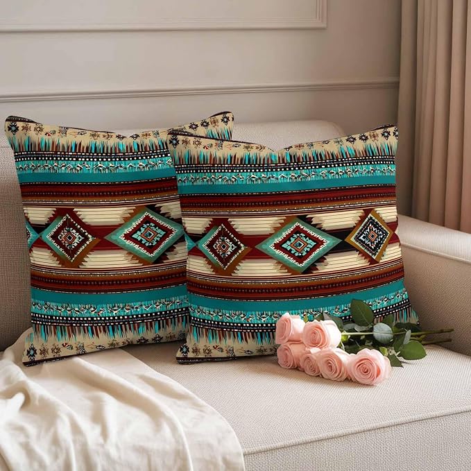 Boho Ethic Outdoor Pillow Covers 20"x20" Set of 2, Western Aztec Tribal Teal Brown Diamond Stripes Waterproof Throw Pillow Covers for Patio Furniture, Decorative Cushion Covers for Porch